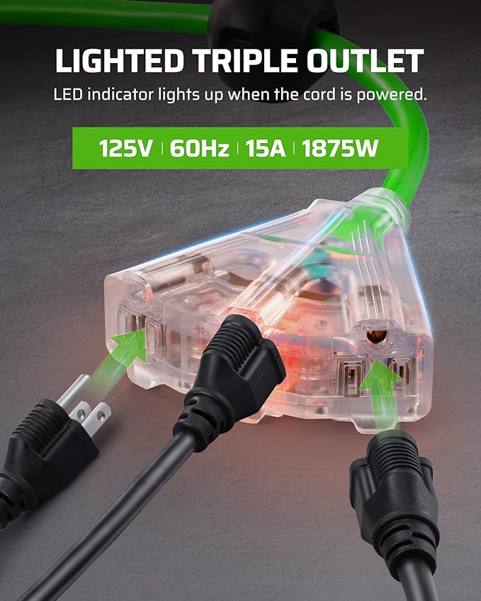 DEWENWILS Retractable Cord Reel, 60FT Heavy Duty Extension Cord, 12AWG/3C SJTOW, 3 Grounded Outlets Lighted Triple Tap, 15A Circuit Breaker, Wall/Ceiling Mounted for Garage, Workshop, UL Listed, Green