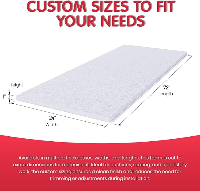 FOAMYFOAM 2Pack High Density 1 inch Thick, 24 inch Wide, 72 inch Long Upholstery Foam, Cushion Replacement