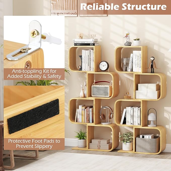 Giantex S-Shaped Bookcase Set of 2, 4-Tier Bamboo Bookshelf with 2 Open Cubes, Geometric Corner Display Shelf, Decorative Storage Organizer, Floor Storage Rack for Living Room, Home Office, Natural