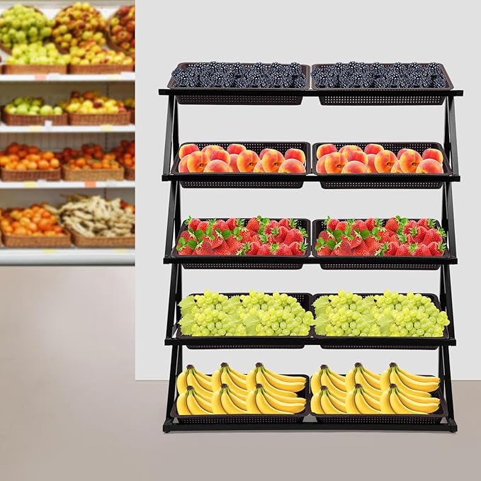 5 Tiers Retail Display Rack, Large Capacity Market Shelf Fruit and Vegetable Basket Stand Rack Set for Kitchen, Office, Store, Supremarket Utility Storage Shelves