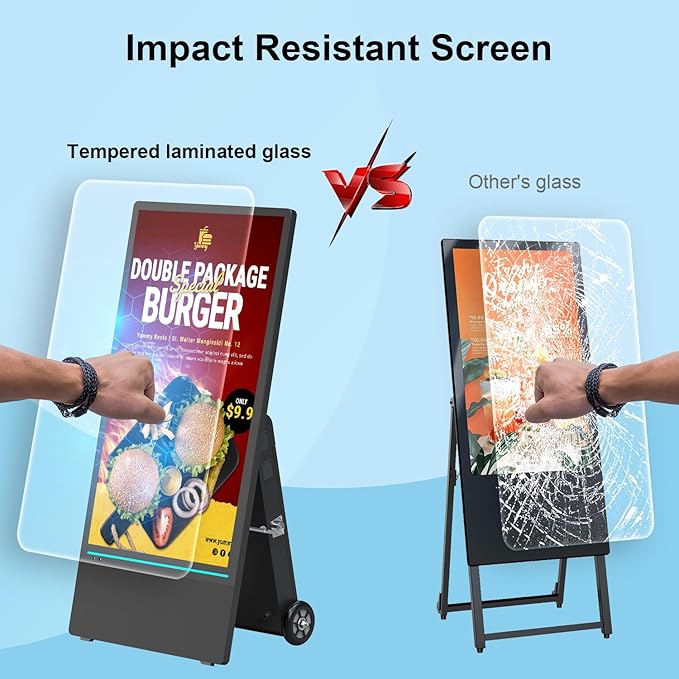43 inch Rechargeable Portable Outdoor Digital Signage Displays, 2K FHD, IP65 Waterproof, Smart LCD Split Screen, Brightness Auto-Adjustment Movable Advertising Kiosk with Android OS