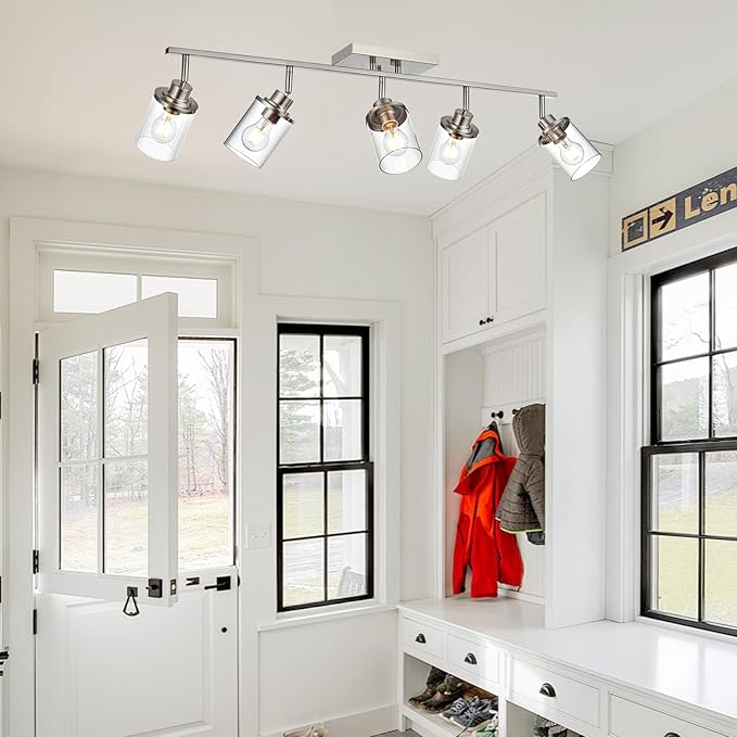 Yaohong 5-Light Brushed Nickel Track Lighting Fixture for Ceiling Mounting Bathroom Vanity Wall Scones with Rotatable Spotlight, Kitchen Track Lighting Fixture with Glass Shade for a Shop Hallway