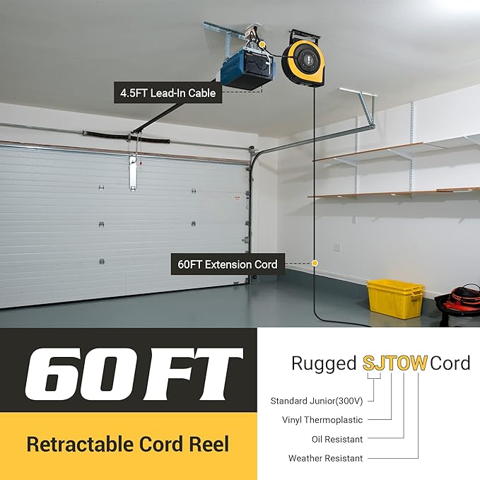 DEWENWILS Retractable Cord Reel, 60 FT Heavy Duty Extension Cord, 12AWG/3C SJTOW, 3 Grounded Outlets Lighted Triple Tap, 15A Circuit Breaker, Wall/Ceiling Mounted for Garage and Workshop, UL Listed