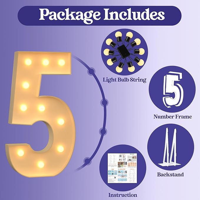 4FT Light Up Numbers, Large Marquee Numbers for 5th 15th 50th Birthday Decorations, Giant Light Up Numbers for Party Anniversary, Marquee Letters, Pre-Cut DIY Mosaic Numbers for Balloons 5