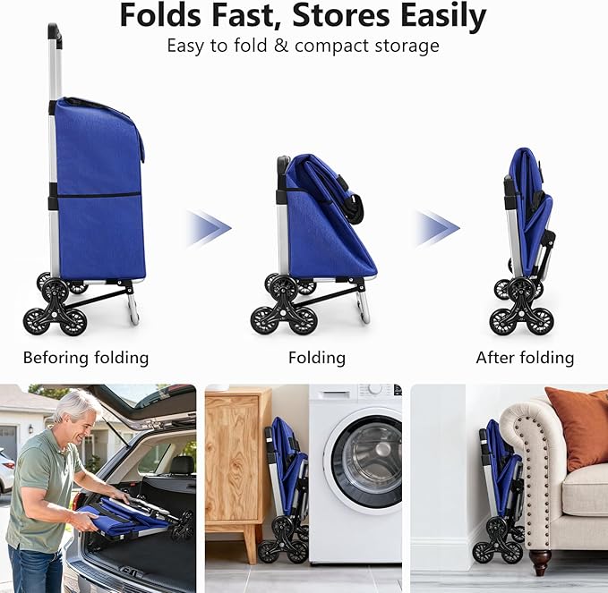 KEDSUM 2 in 1 Aluminum Alloy Stair Climbing Cart, 300LBS Grocery Cart on Wheels, Foldable Shopping Carts with Waterproof Oxford Blue Bag for Groceries, Lightweight & Durable Aluminum Frame