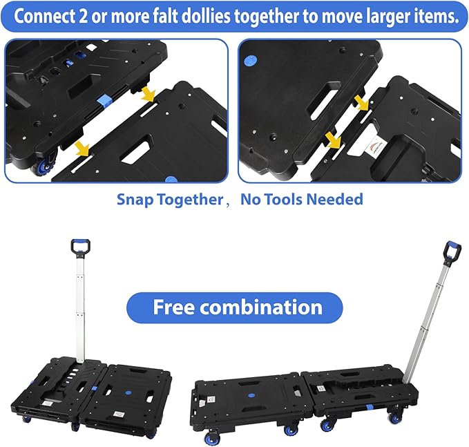 LEADALLWAY 2 Pcs Set Platform Truck Folding Multiple Carts Assembly Feasible Dolly Cart(24.4" L x 17.7" W with Handle + 24.2" L x 18.1" W)