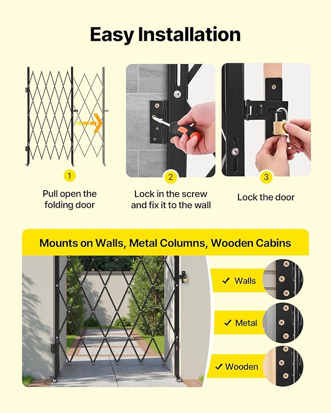 VEVOR Single Folding Security Gate, Lockable Scissor Gate with 360° Swivel Casters, Outdoor Barricade Steel Retractable Gates, for Entry Security, Garage, Warehouse & Pool, 49.61 x 77.76 in (W x H)
