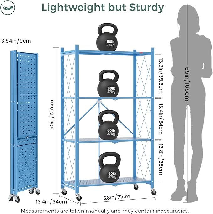 DEANIC 4 Tier Foldable Storage Shelves with Wheels, Large Capacity Shelving Unit, Freestanding Metal Wire Shelf Rack, No Assembly Organizer Rack for Garage Kitchen, Basement, Pantry(Blue Pack of 2)
