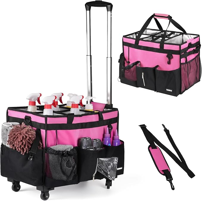 Extra-Large Rolling Cleaning Caddy with Wheels,Cleaning Caddy Bag with Detachable Trolley,Water Resistant Lining Cleaning Supply Organizer with Handle for Cleaners,Housekeepers