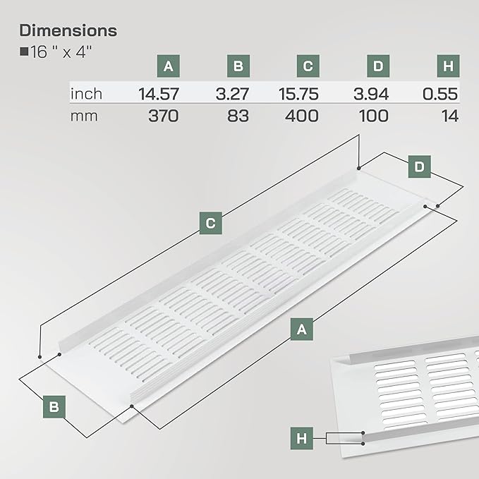 Vent Systems 15.75 x 3.94 (Outer Size) Air Supply Ventilation Grille - Pack of 2 - White Aluminum Rectangle Intake/Exhaust Door Vent Deflector - HVAC for Home Improvement Floor, Wall Duct Cover