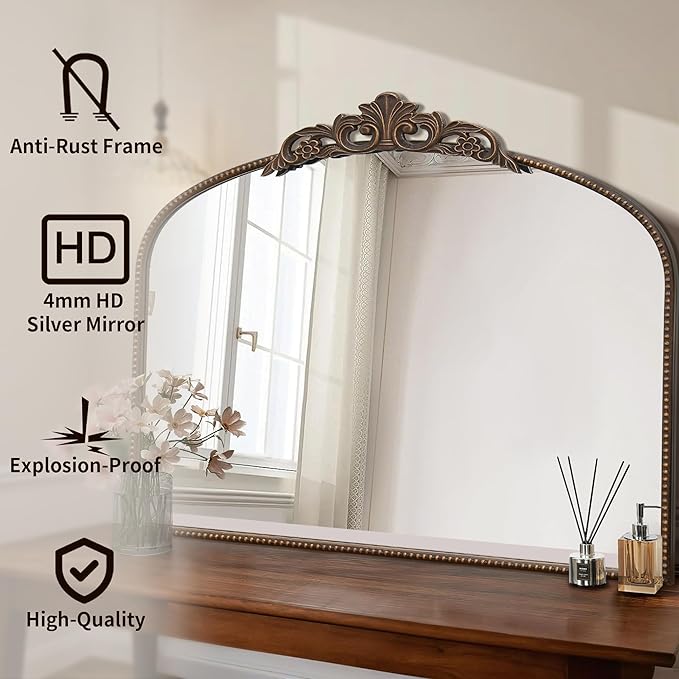 Micasso Large Bronze Vintage Mirror: 40"x 30" French Baroque Antique Mirror - Traditional Ornate Decorative Wall Mounted Arched Mirrors for Wall/Mantel/Entryway/Hallway - Home Decor for Living Room