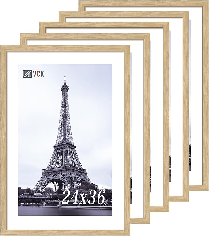VCK 24x36 Oak Poster Frame 5 Pack, Natural Solid Wood Picture Frames, Wall Mounting Hanging