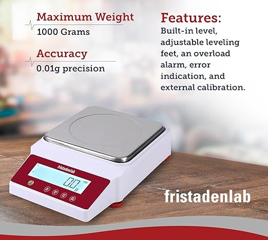 Fristaden Lab Digital Balance - USA Company - 1000g Capacity with Genuine 0.01g Precision, Analytical Scale Ideal for Scientific Research, Home Labs & Academic Use