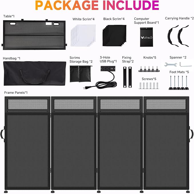 DJ Facade Booth Table 40" x 20" - Portable Detachable DJ Booth Table Station with Computer Bracket Surface & Cable Hole, Foldable DJ Table Includes Black/White Scrims & Carry Bag for Party