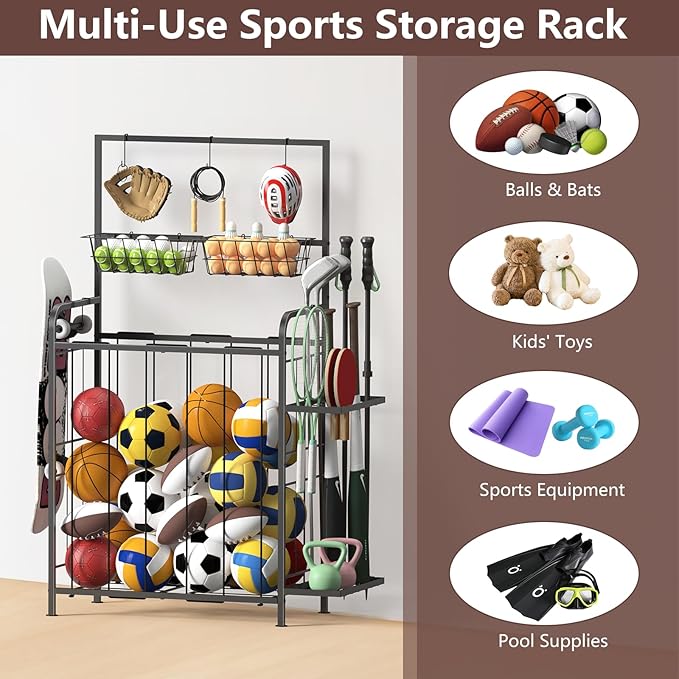 HEOMU Sports Equipment Organizer, Ball Organizer with Elastic Rope and Side Rack, Garage Ball Storage with 5 Hooks and 2 Baskets, Basketball Rack for Garage, Gym, Indoor or Outdoor, Black