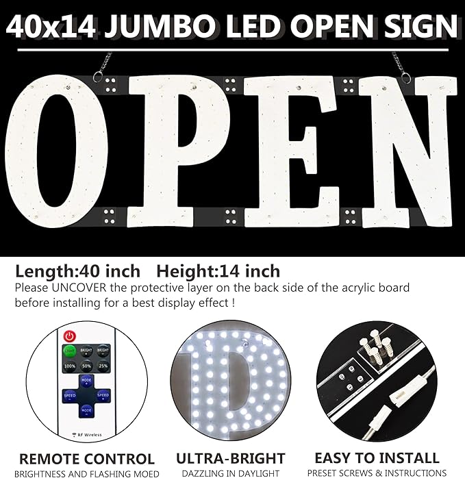 Open Signs for Business,40x14 inch Ultra Bright Open Sign Led for Window Wall Door w/Remote Control Bar Cafe Salon Barber Resturant Retail Store