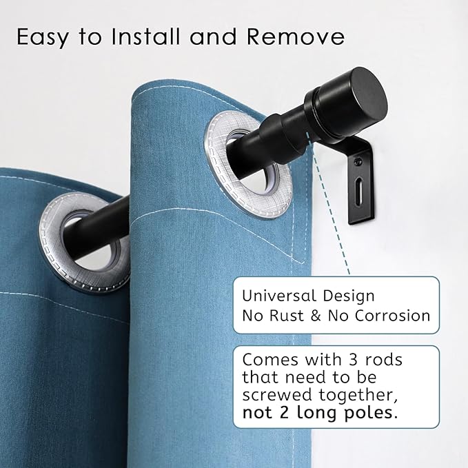 Curtain Rods for Windows 16 to 48 or 60 Inches Max Adjustable Length 1 Inch Diameter Window Curtain Rod with Aluminium Finials, Black