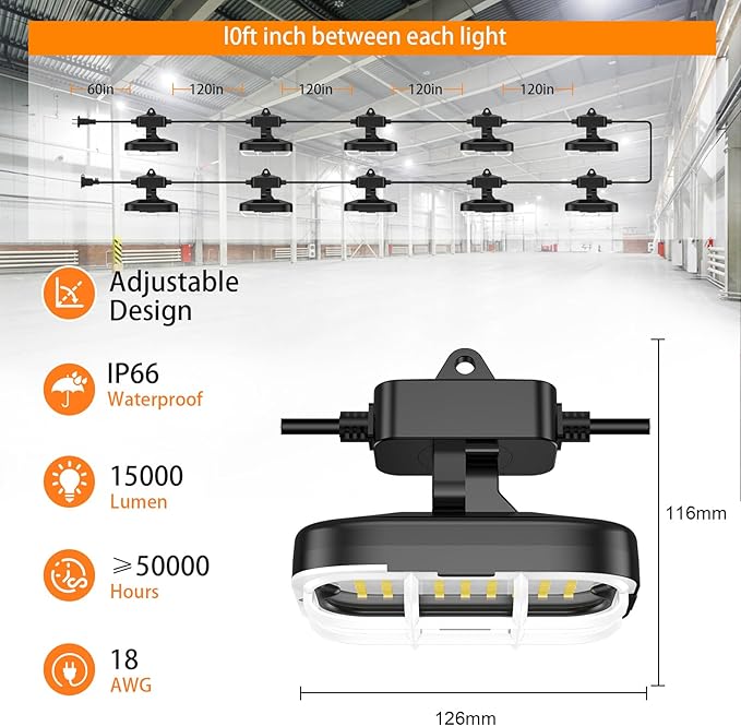 100ft LED Construction String Lights,Super Bright 15000lm 150w Adjuest 90&180 Degrees On Both Sides Waterproof IP66 Led String Work Lights, Construction Temporary Lights (100ft-Adjustable 10lights).