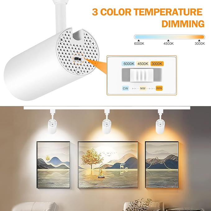 20W 3-Color Track Lighting Heads,H Type Dimmable Track Light fixtures,3000K-4500K-6000K Adjustable Track Lights Ceiling Spotlight for Retail Artwork Kitchen Lighting,Flicker Free 2000lm White