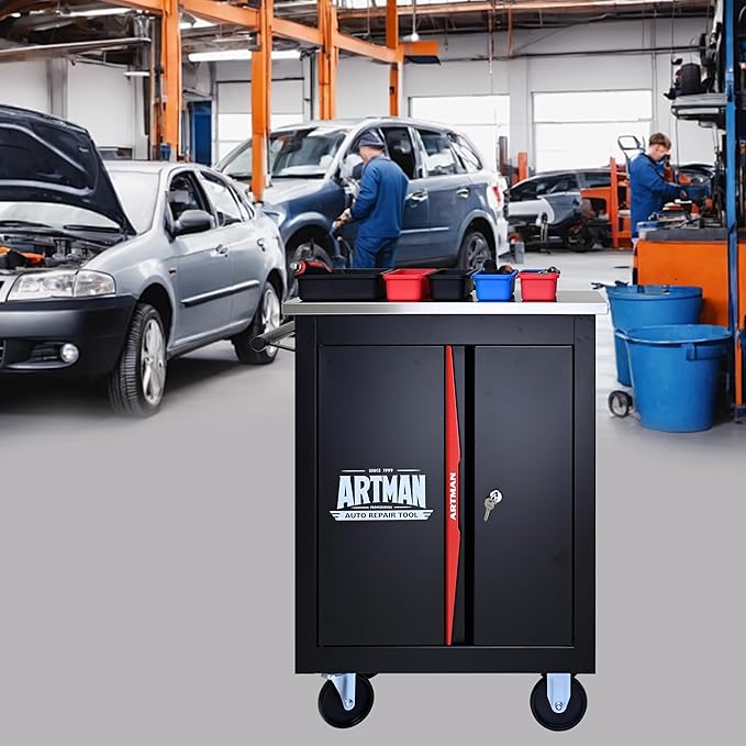 Rolling Tool Chest Box with 2 Doors and Adjustable Shelves, 22.2" D Movable Lockable Tool Cart Multi-Functional Hardware Storage Cabinet Box Auto Repair Locker