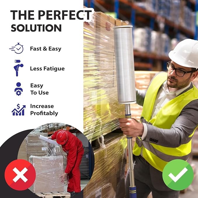 Heavy Duty Stretch Film Dispenser Pole Holder - Extra Long High Reaching Industrial Handle for Stretch Wrapping - Fits Rolls 2" to 3" Diamater Cores & Lengths from 12" to 24" - Pallet Wrap