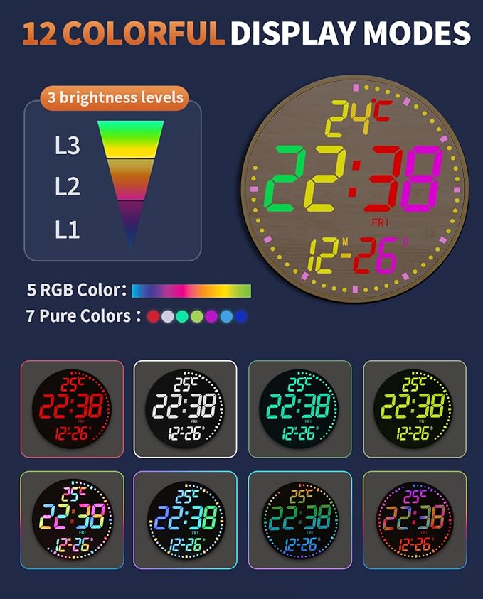 12" Large Digital Wall Mount Clock, Count Down Timer, Alarm, Big LED, 12 RGB Color, Temperature for Living Room Classroom Desk (Bamboo Elements)