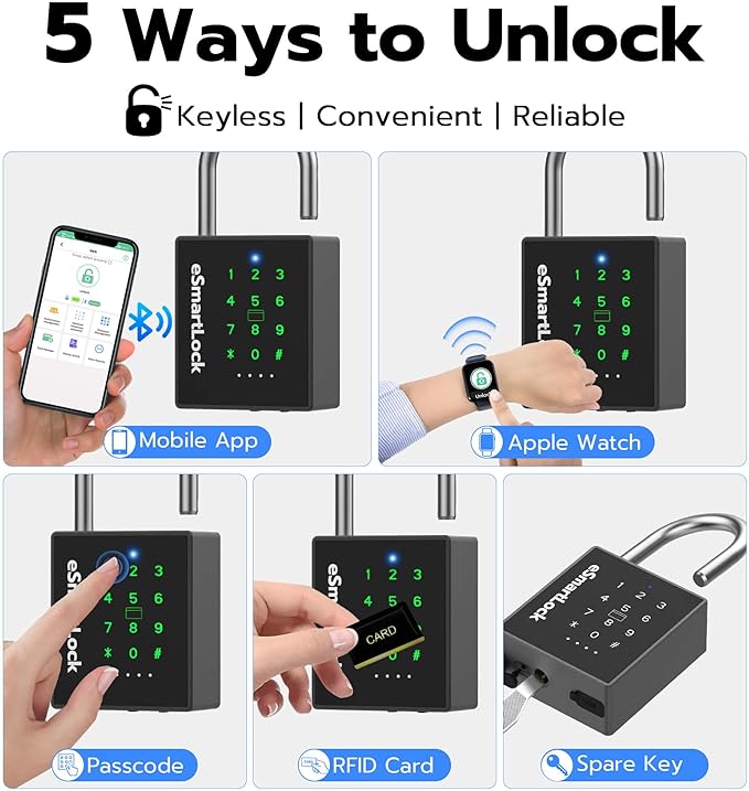 eLinkSmart Heavy Duty Smart Padlock with Key, Pad Lock with Code Keypad, Weatherproof Bluetooth RFID Keyless Electronic Digital Combination Lock for Gate Outdoor Fence Storage Unit Locker Shed Pool