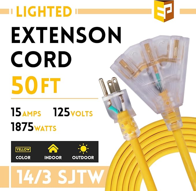 EP 50 Ft Lighted Outdoor Extension Cord with 3 Electrical Power Outlets - 14/3 SJTW Heavy Duty Yellow Extension Cable with 3 Prong Grounded Plug - Power Cord for Lawn, Garden, Appliances