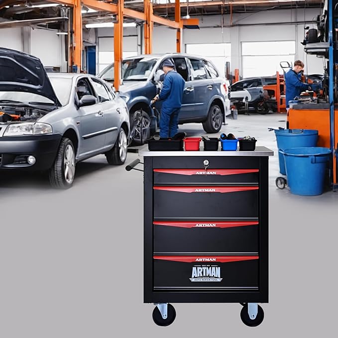 4-Drawer Heavy-Duty Rolling Steel Tool Cart with Handle&Wheels, Metal Storage Organizer Cabinet, Tool Chest for Efficient Tool Storage in Garage, Warehouse, Workshop, Repair Shop, Black&RED
