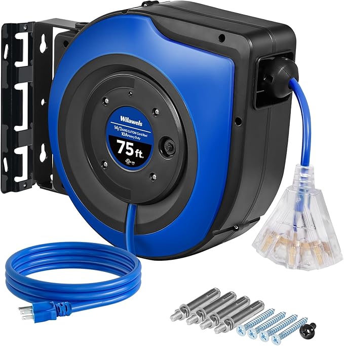 Retractable Cord Reel, 75 FT Heavy Duty Extension Cord, 14AWG/3C SJTOW, 3 Grounded Outlets Lighted Triple Tap, 10A Circuit Breaker, Wall/Ceiling Mounted, UL Listed, Blue U75CR06