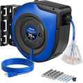 Retractable Cord Reel, 75 FT Heavy Duty Extension Cord, 14AWG/3C SJTOW, 3 Grounded Outlets Lighted Triple Tap, 10A Circuit Breaker, Wall/Ceiling Mounted, UL Listed, Blue U75CR06