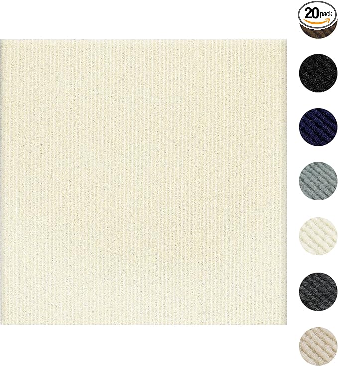 Carpet Tiles Peel and Stick 24” x 24”, Self Adhesive Soft Padded Flooring Stickers, Off-White Home Decor for Bedroom Living Room Office, 20 Tiles & 80 sq ft per Box
