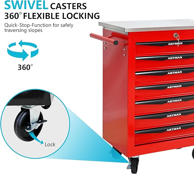 7 Drawers Tool Cart on Wheels with Stainless Steel Worktop, Heavy Duty Mobile Rolling Drawer Tool Chest with Locking Wheels & Lockable Drawers, Garage Tool Storage Cabinet (Red, 7 Drawers)