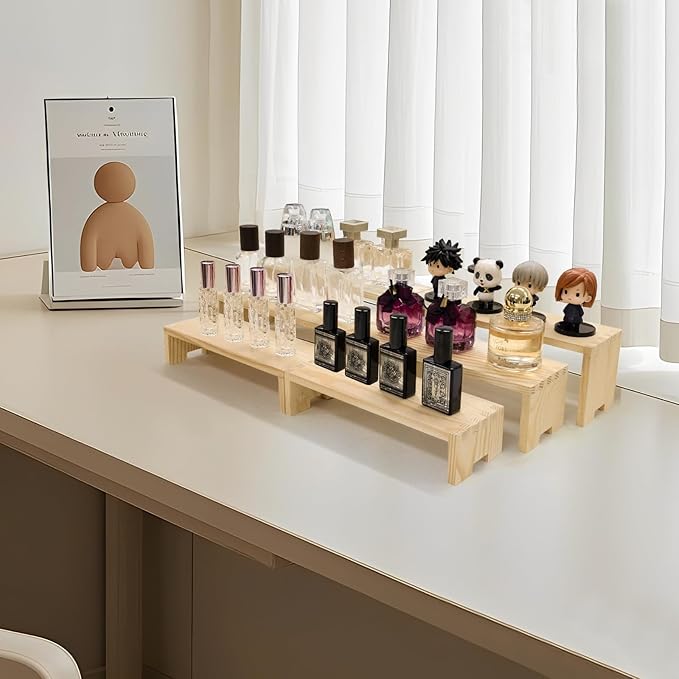 Display Wood Risers Wooden Stand 3 Tier 4 Set 12 Pieces Wooden Stands Decorative Rectangular Display Cupcake Stands Perfume Racks Cologne Organizer(Nature)