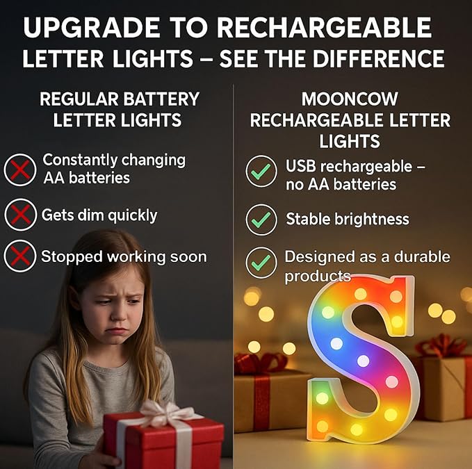 mooncow Rechargeable Light Up Letters,Colorful Marquee Letters with Remote,Gift Wrap Gifts,Bedroom Home Bar Party Decor (G)