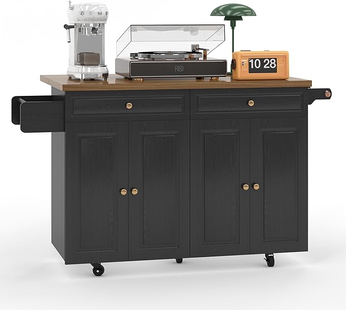 COCO DESIGN 60" Rolling Kitchen Cart with Power Strip & Drop Leaf, Thick Countertop, Large Storage Cabinet & Drawers, Mobile Island with Locking Wheels, Towel Rack and Spice Rack, Black and Walnut