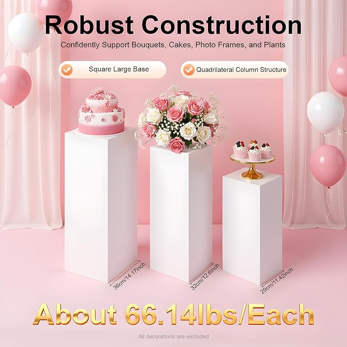 3PCS Metal Pedestal Stand, Square Metal Plinths Dessert Table Display Pillars, White Display Stands Pillars for Birthday, Wedding, Party, Art Decor(Different Sizes)
