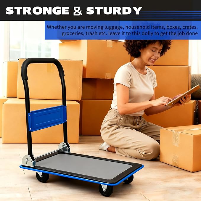 Blue Folding Platform Hand Truck 330 lbs Capacity, Heavy Duty Flatbed Dolly with 360° Swivel Silent Wheels, Foldable Steel Push Cart for Warehouse, Office, and Home Storage