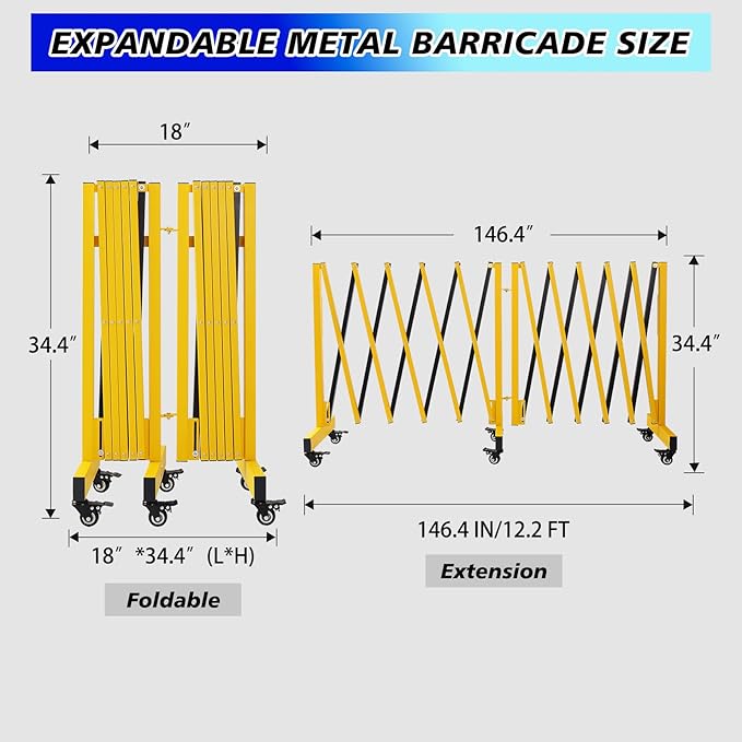 12.2FT Industrial Metal Expandable Barricade，Retractable Traffic Fence with Casters, Folding Security Gate，Portable Barricade Gate for Construction Area, Traffic Control, Cordon