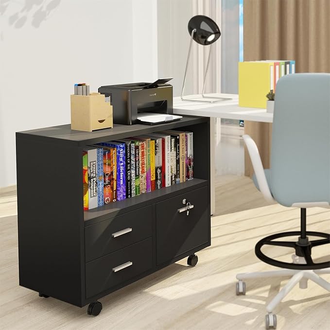 LUCKYERMORE 3-Drawer File Cabinet with Lock, Mobile Home Office Storage Cabinet with Shelves & Printer Stand, Black