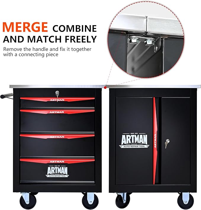 4 Drawers Tool Cart on Wheels with Stainless Steel Worktop, Heavy Duty Mobile Rolling Drawer Tool Chest with Locking Wheels & Lockable Drawers, Garage Tool Storage Cabinet (Black, 4 Drawers)
