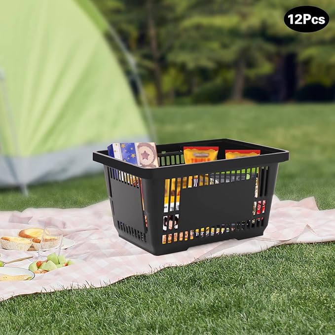 12PCS Shopping Baskets with Handles, Black Plastic Shopping Basket Set, 21L Portable Grocery Baskets with Handles, Grocery Shopping Basket Set for Stores, Supermarket, Retail,Shopping Carrying