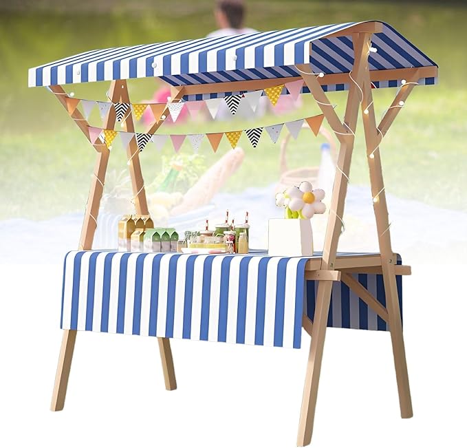 Collapsible Mobile Market Stall Carts Vendor on Wheels, Wood Outdoor Vendor Cart, Easy to Assemble for Parties, Birthdays, Weddings, Bar(Blue1,120cm/47.2in)
