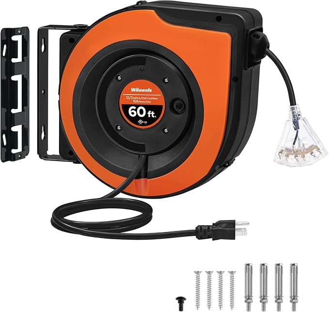 Retractable Cord Reel, 60 FT Heavy Duty Extension Cord, 12AWG/3C SJTOW, 3 Grounded Outlets Lighted Triple Tap, 15A Circuit Breaker, Wall/Ceiling Mounted, UL Listed, Orange B60CR06