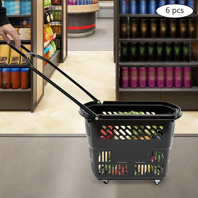 35L 6PCS Shopping Carts with Wheels and Handle, Plastic Rolling Basket, Portable Shopping Baskets Set for Supermarkets and Retail Stores
