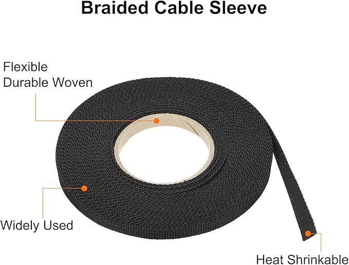 MECCANIXITY Braided Cable Sleeves Heat Shrinkable Fabric Sleeving, 1/4" 40ft Black 2:1 Ratio Heat Shrinkable Cord Protector for Harness Cable, Network Cable Protection, Cable Management