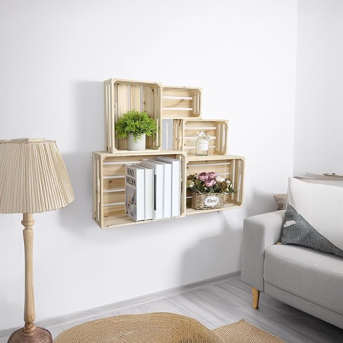 Wooden Crates, Unfinished Set of 5 Large Wood Crates with Handles, Rustic Farmhouse Wooden Crate for Decor, Wedding Birthday Home Party Living Room Kitchen Decoration