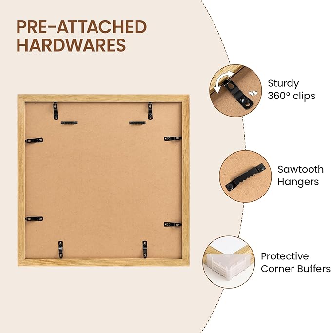 Natural Oak 16x16 Picture Frames Mat to 12x12 Picture Display,Original Wood Handcrafted Poster Frame,Wooden Frame 16x16 with Tempered Glass Graduation Family Wedding Photo Wall Mounted