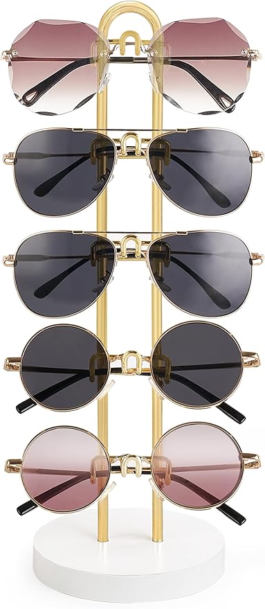 Mkono Sunglasses Organizer Glasses Holder Stand Sunglass Storage Eyeglasses Rack Metal Frame with Wood Base for 5 Pairs of Eyewear Display for Table Desk Countertop Dresser Bedroom, Set of 1, Gold