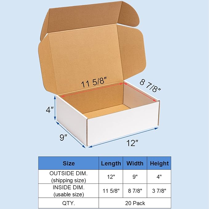 Shipping Boxes 12x9x4 Inches 20 Pack Corrugated Cardboard Mailing Boxes for Small Business - Medium White Literature Mailer Packaging Supplies
